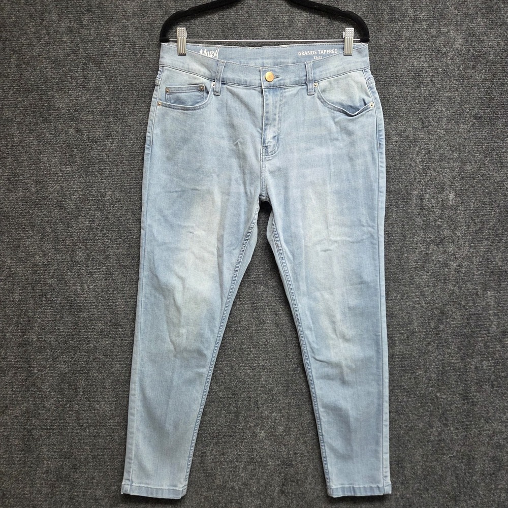 Mugsy Jeans Mens 33x28 Blue Light Stone Washed Grands Tapered Denim Tailored